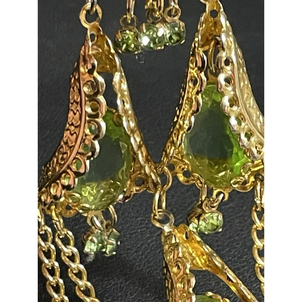 Vintage PARK LANE Necklace Rhinestone Green Gold Tone 22" Long Statement GLOW - Picture 9 of 16